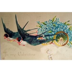 Valentine Postcard Blackbirds Fantasy Forget Me Not Flowers Cart EAS Germany